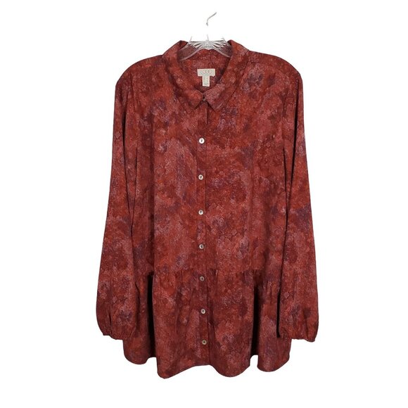 LOGO Lori Goldstein L Blouse Abstract Print Button Semi Sheer Tunic Peplum Tier - Picture 2 of 7